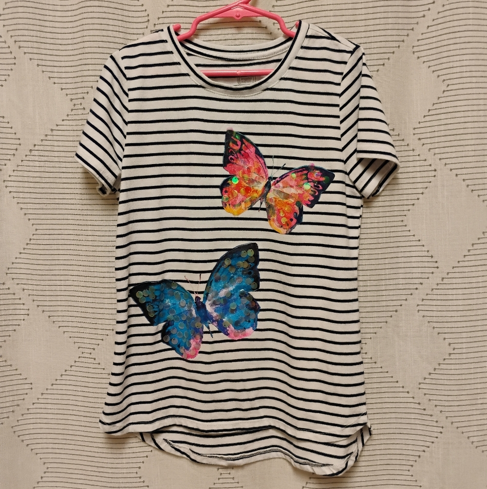 Wonder Nation Striped Kids Shirt with Colorful Butterflies Sequins Girls Large